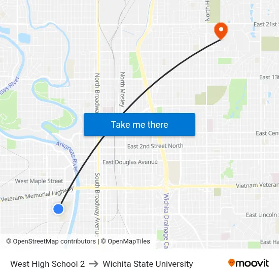 West High School 2 to Wichita State University map
