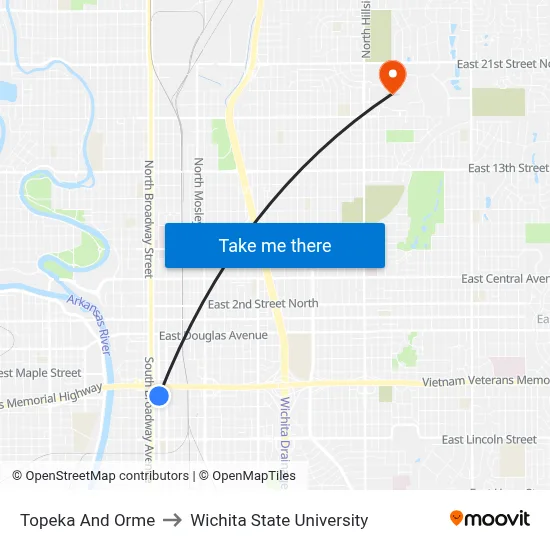 Topeka And Orme to Wichita State University map