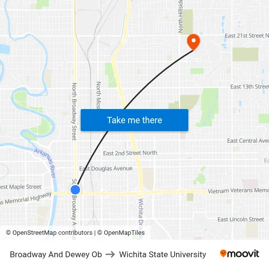Broadway And Dewey Ob to Wichita State University map