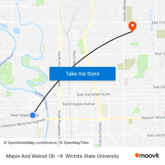 Maple And Walnut Ob to Wichita State University map