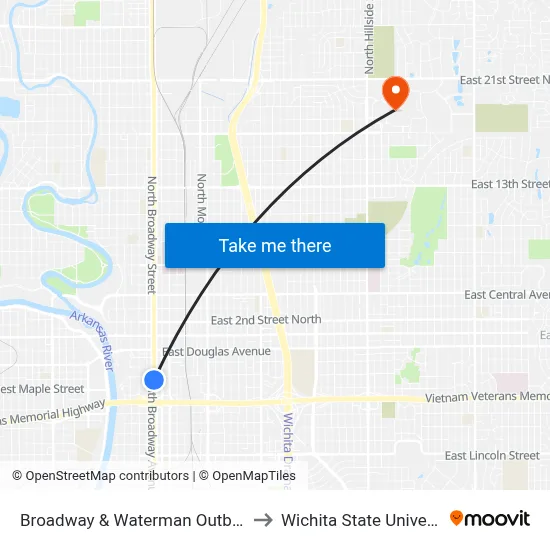 Broadway & Waterman Outbound to Wichita State University map