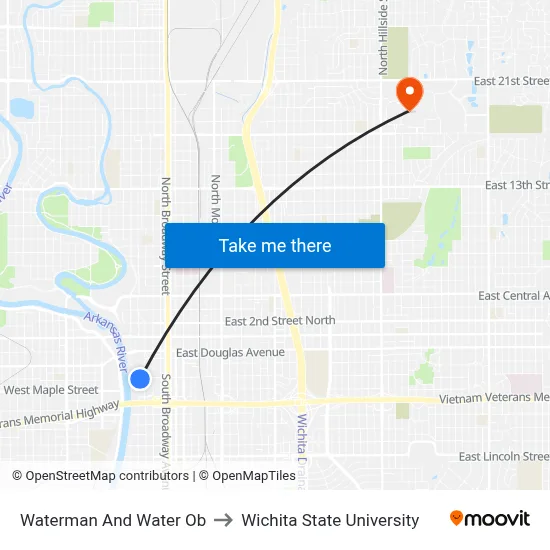 Waterman And Water Ob to Wichita State University map