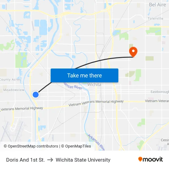 Doris And 1st St. to Wichita State University map
