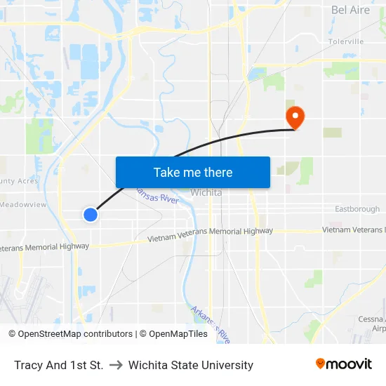 Tracy And 1st St. to Wichita State University map