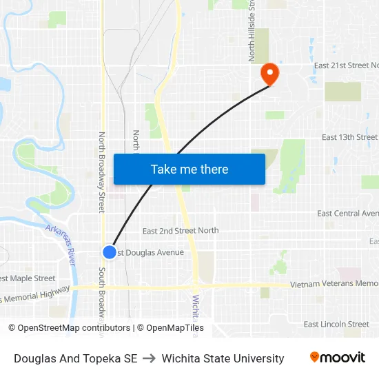 Douglas And Topeka SE to Wichita State University map
