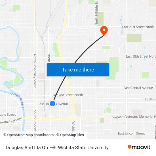 Douglas And Ida Ob to Wichita State University map