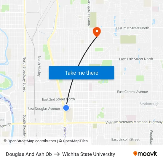 Douglas And Ash Ob to Wichita State University map