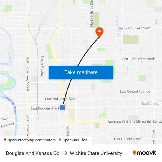 Douglas And Kansas Ob to Wichita State University map