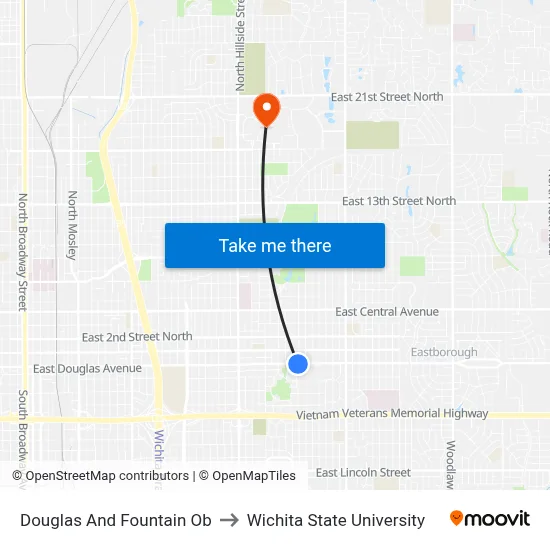 Douglas And Fountain Ob to Wichita State University map