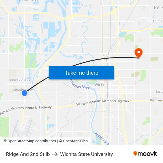 Ridge And 2nd St Ib to Wichita State University map