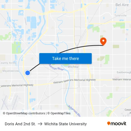 Doris And 2nd St. to Wichita State University map