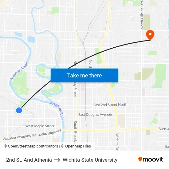 2nd St. And Athenia to Wichita State University map