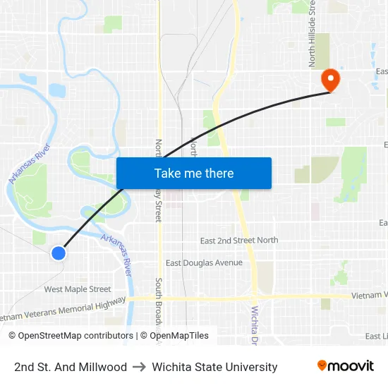 2nd St. And Millwood to Wichita State University map