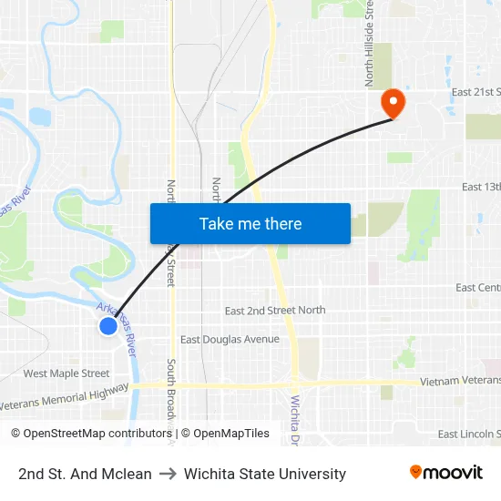 2nd St. And Mclean to Wichita State University map
