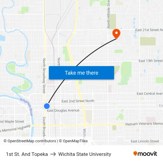 1st St. And Topeka to Wichita State University map