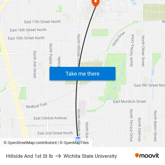 Hillside And 1st St Ib to Wichita State University map