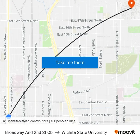 Broadway And 2nd St Ob to Wichita State University map