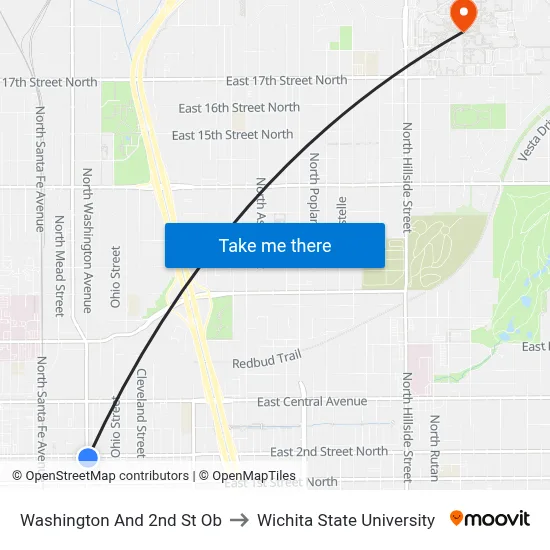 Washington And 2nd St Ob to Wichita State University map