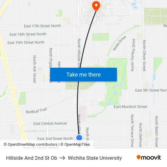 Hillside And 2nd St Ob to Wichita State University map