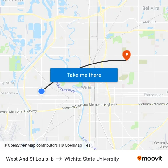 West And St Louis Ib to Wichita State University map