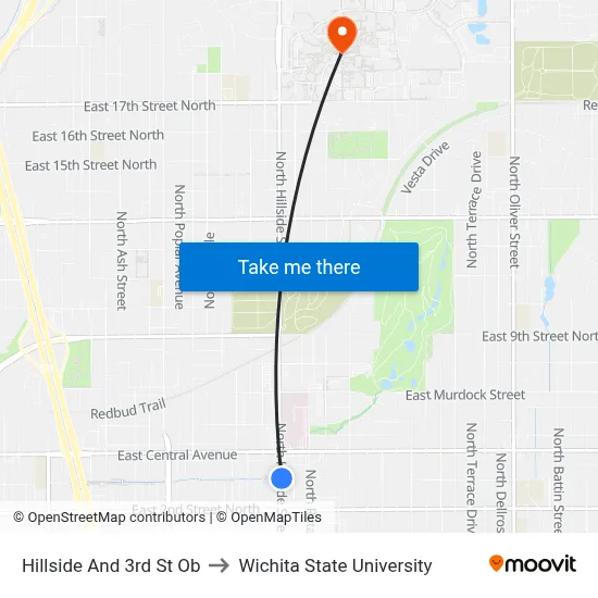 Hillside And 3rd St Ob to Wichita State University map
