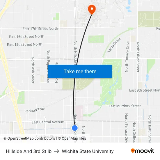 Hillside And 3rd St Ib to Wichita State University map