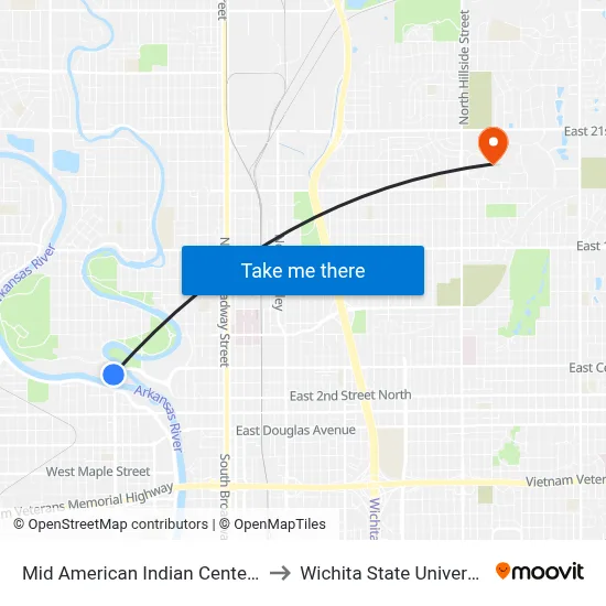 Mid American Indian Center Ib to Wichita State University map