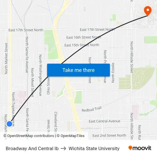 Broadway And Central Ib to Wichita State University map