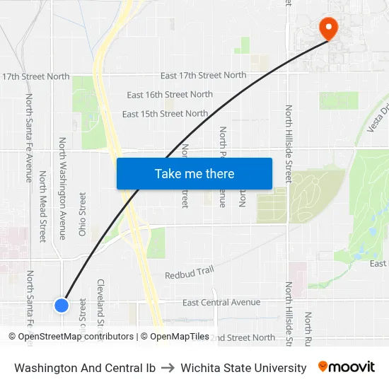 Washington And Central Ib to Wichita State University map