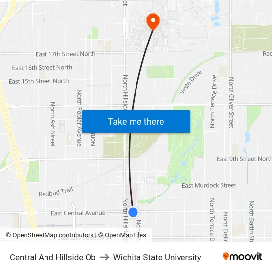 Central And Hillside Ob to Wichita State University map