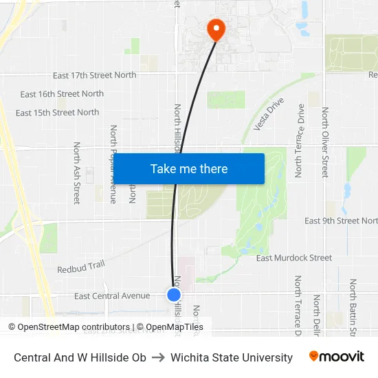 Central And W Hillside Ob to Wichita State University map