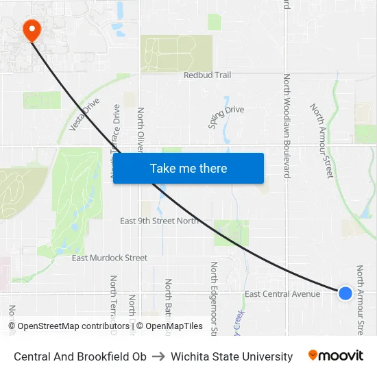 Central And Brookfield Ob to Wichita State University map