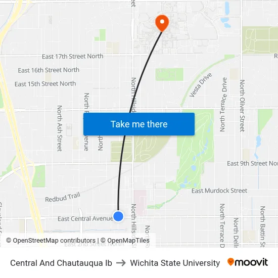 Central And Chautauqua Ib to Wichita State University map