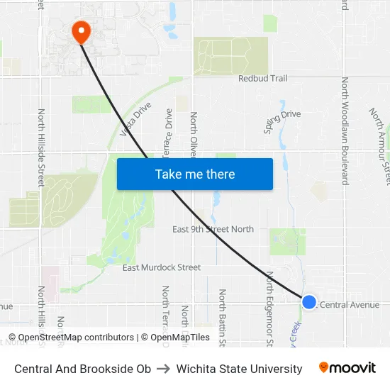 Central And Brookside Ob to Wichita State University map