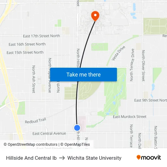 Hillside And Central Ib to Wichita State University map