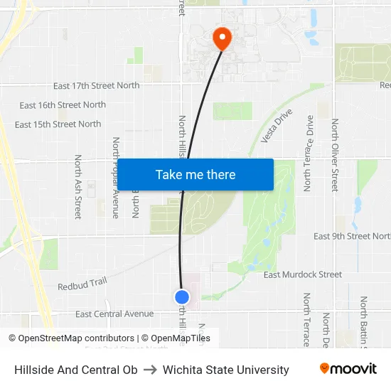 Hillside And Central Ob to Wichita State University map