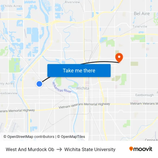 West And Murdock Ob to Wichita State University map