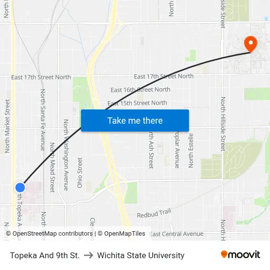 Topeka And 9th St. to Wichita State University map