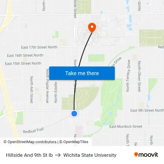 Hillside And 9th St Ib to Wichita State University map