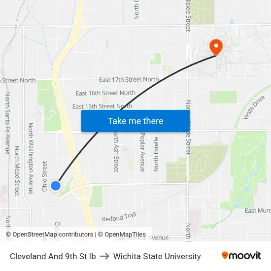 Cleveland And 9th St Ib to Wichita State University map