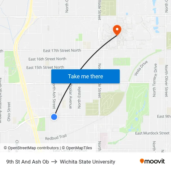 9th St And Ash Ob to Wichita State University map