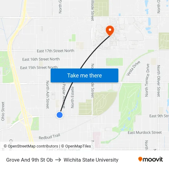 Grove And 9th St Ob to Wichita State University map