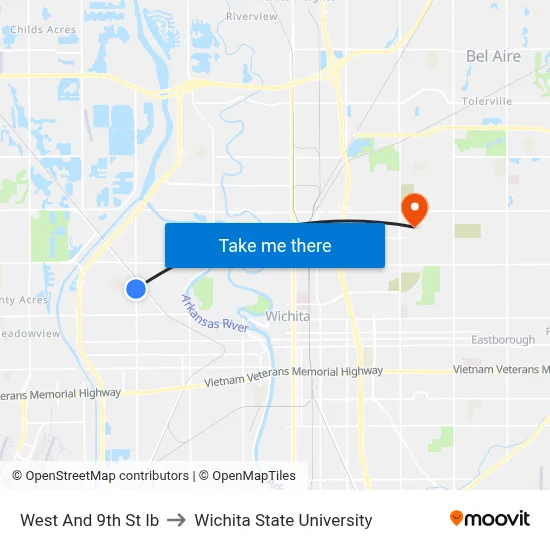 West And 9th St Ib to Wichita State University map
