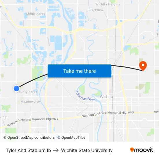 Tyler And Stadium Ib to Wichita State University map