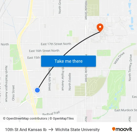 10th St And Kansas Ib to Wichita State University map