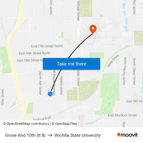 Grove And 10th St Ib to Wichita State University map