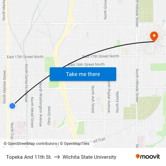 Topeka And 11th St. to Wichita State University map