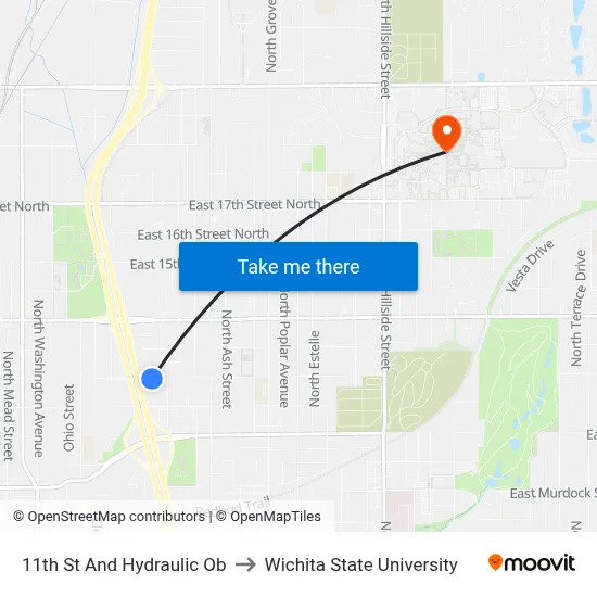 11th St And Hydraulic Ob to Wichita State University map