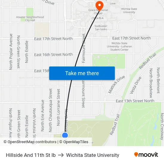 Hillside And 11th St Ib to Wichita State University map
