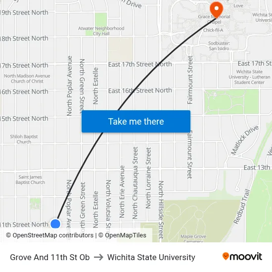 Grove And 11th St Ob to Wichita State University map